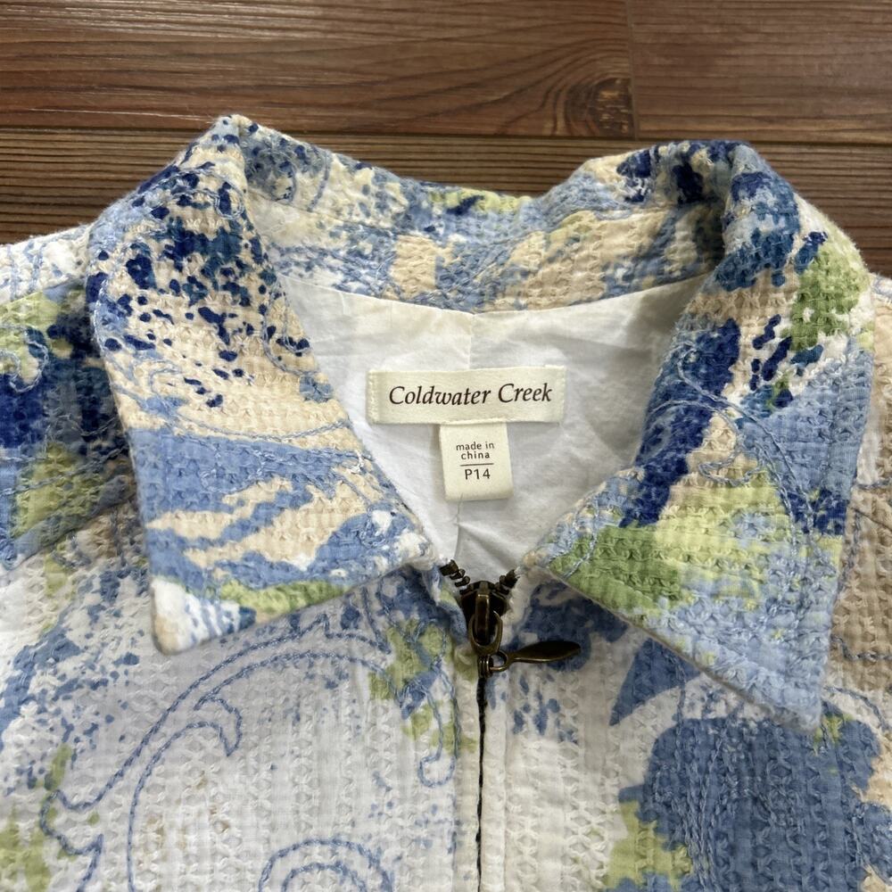 Coldwater Creek Blue White Painterly Floral Front Zip Jacket Size 14P MSRP $119 - Picture 9 of 10